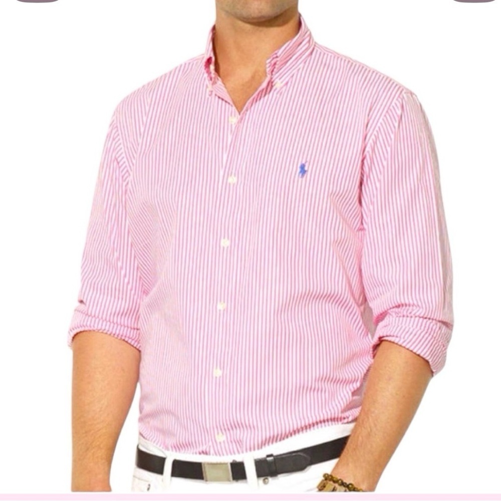 Ralph Lauren Men's Pink and White Striped Button Down Shirt size Large
